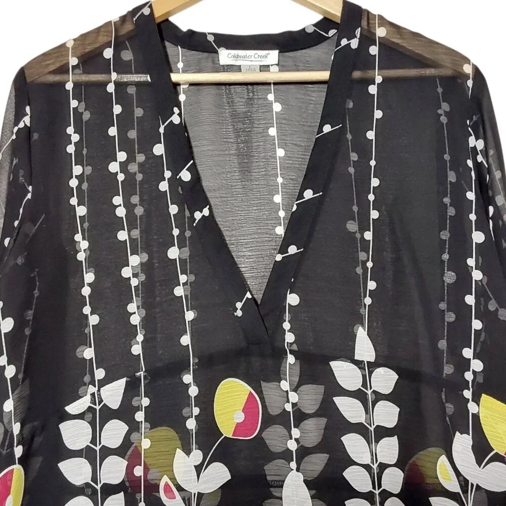 Coldwater Creek V-Neck Tunic Top Black Semi-Sheer Floral Crepe Great Cond - L - Picture 3 of 11